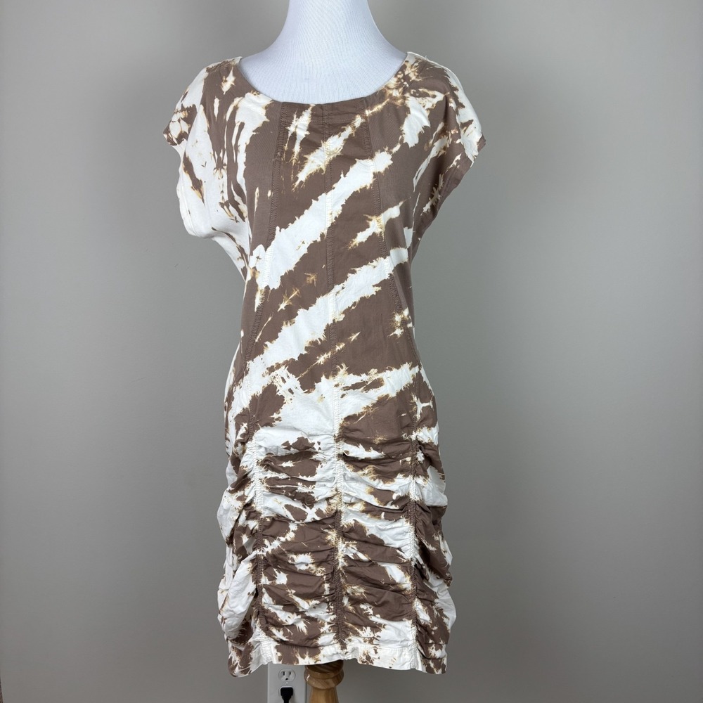 XCVI Wearables Aviana Dress Womens Medium Ruched Brown Tie Dye Mini Short Sleeve